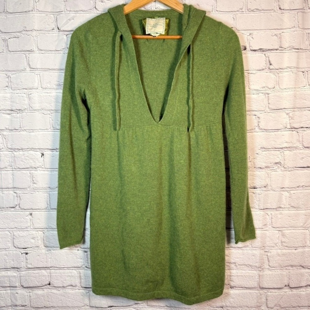Old Navy M Green 100% Cashmere Hooded V-Neck Empire Waist Sweater Dress Tunic